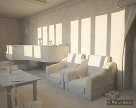 Summer evening sunlight: early clay render [Armchairs perspective]